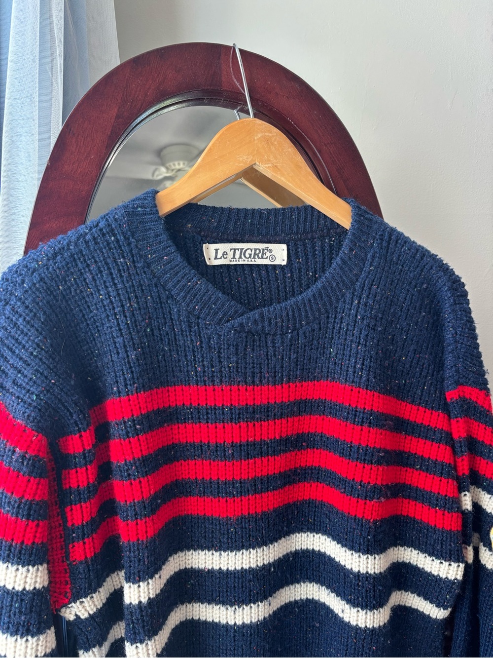 Le Tigre Navy Crewneck Sweater with Red and White Stripes